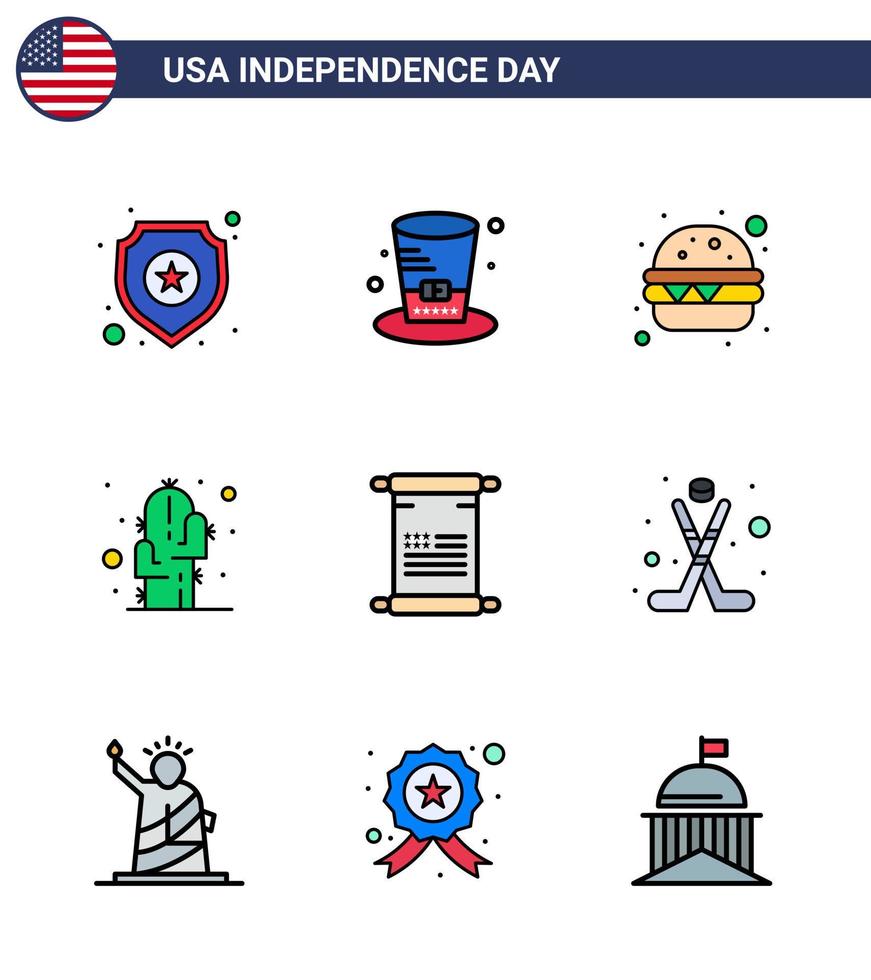 Happy Independence Day USA Pack of 9 Creative Flat Filled Lines of american scroll burger desert flower Editable USA Day Vector Design Elements