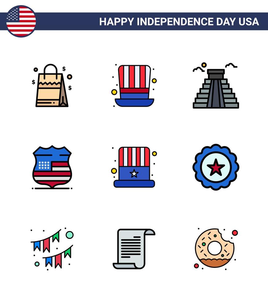 9 signos de línea plana llena de estados unidos símbolos de celebración del día de la independencia del edificio de seguridad de la tapa escudo de estados unidos elementos de diseño vectorial editables del día de estados unidos vector