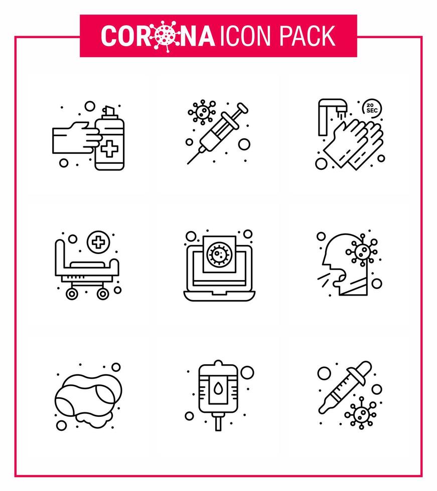 paquete de iconos de coronavirus covid19 de 9 líneas, como ruedas de archivos, manos, estrato hospitalario, coronavirus viral 2019nov, elementos de diseño de vectores de enfermedades