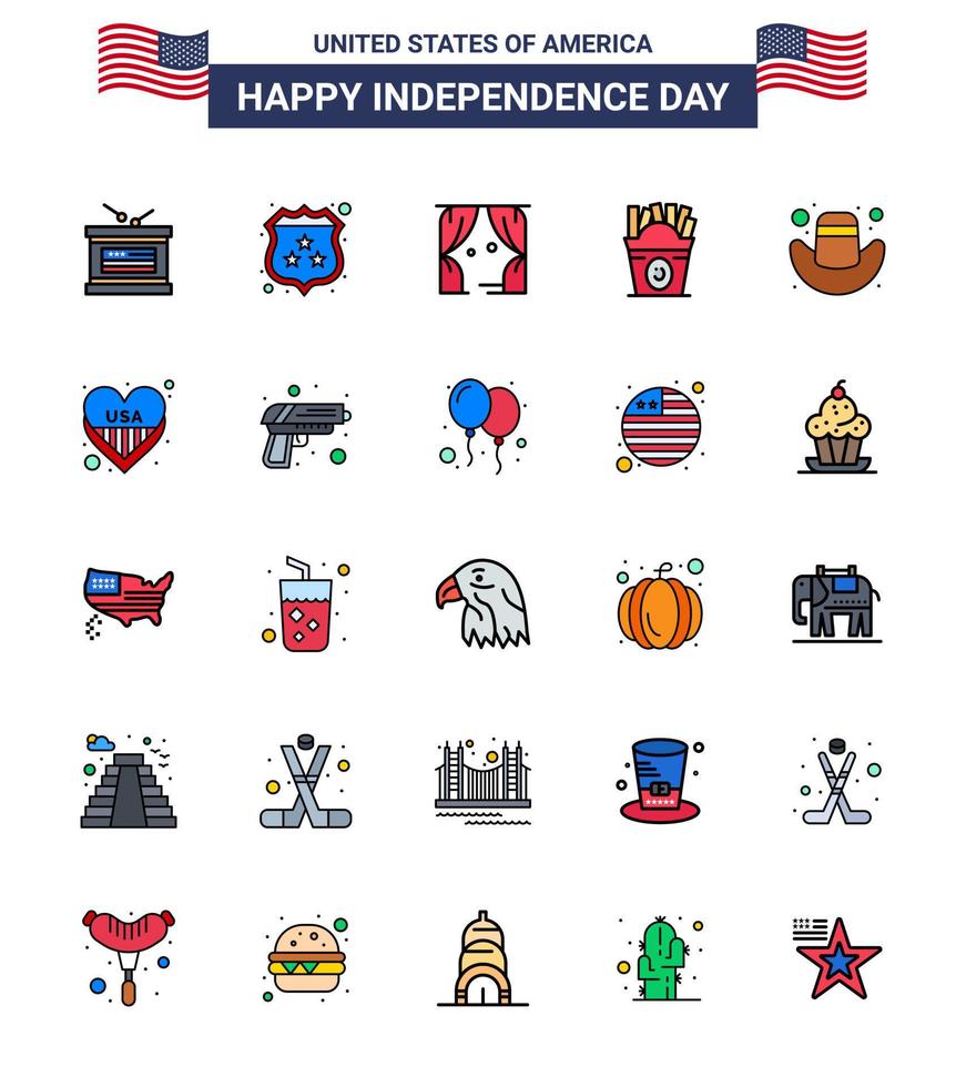 feliz día de la independencia paquete de iconos de 25 líneas planas rellenas para web y gorra de impresión usa entretenimiento comida frise elementos de diseño vectorial editables del día de usa vector