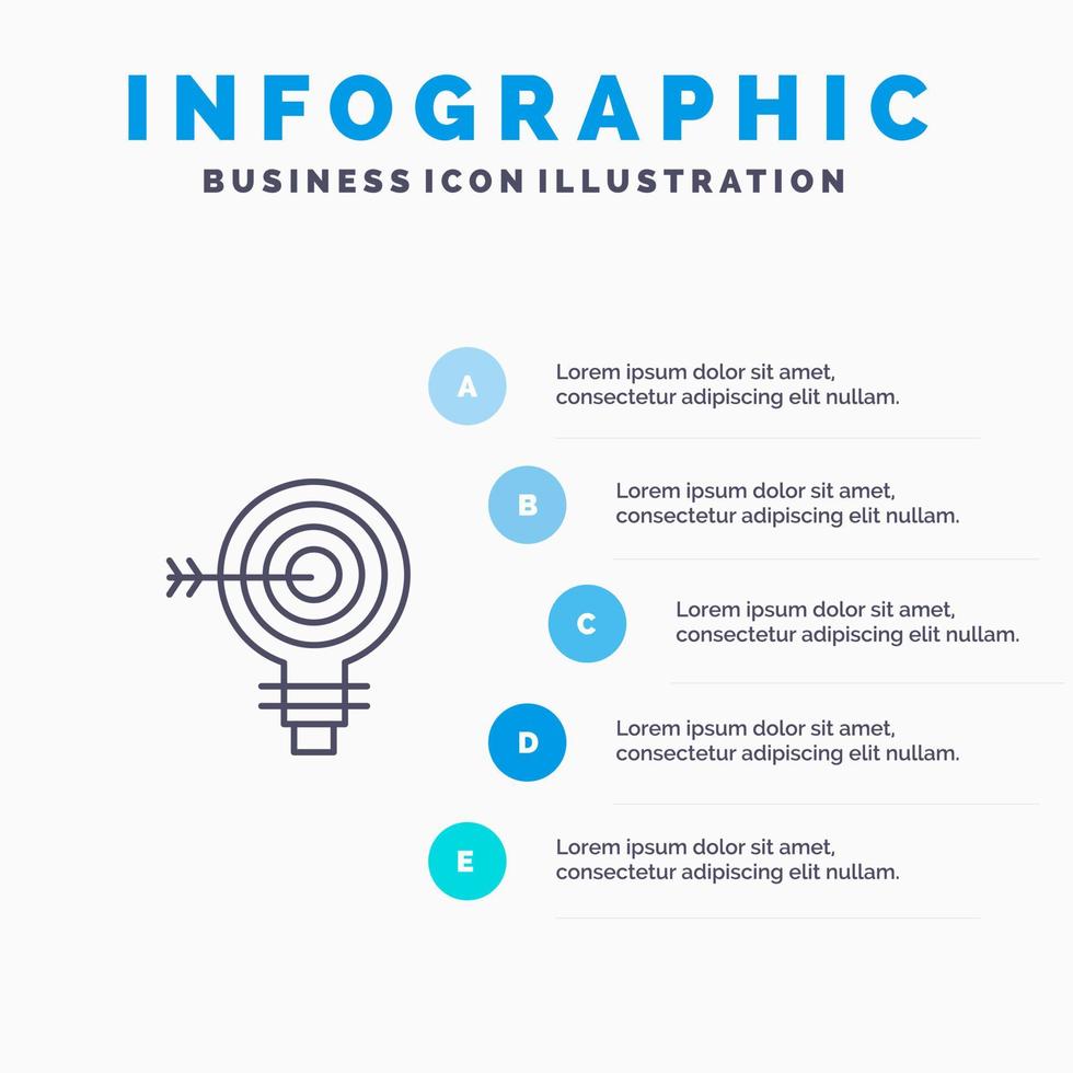 objetivo dardos objetivo solución bombilla idea línea icono con 5 pasos presentación infografía fondo vector