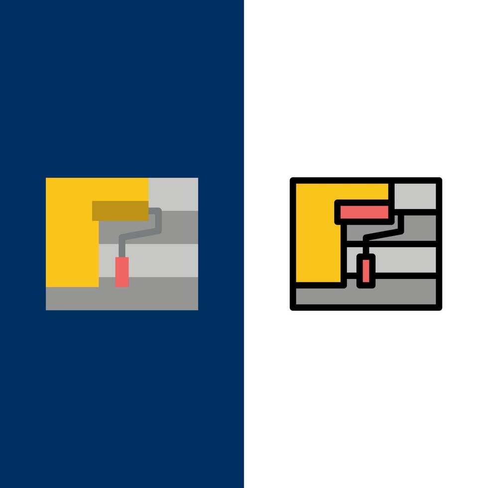 iconos de herramientas de rodillos de pintura de construcción conjunto de iconos rellenos de línea y plana fondo azul vectorial vector