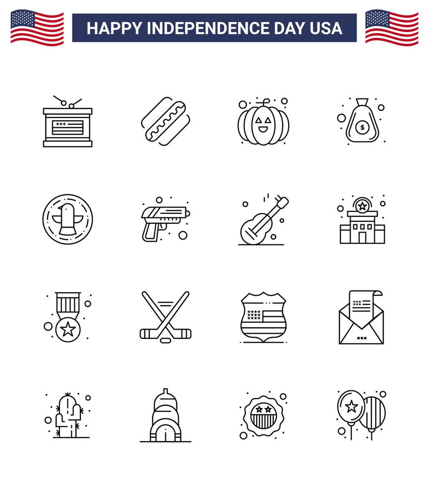 Paquete de 16 líneas de estados unidos de signos y símbolos del día de la independencia de celebración comida americana dinero en efectivo editable elementos de diseño vectorial del día de estados unidos vector