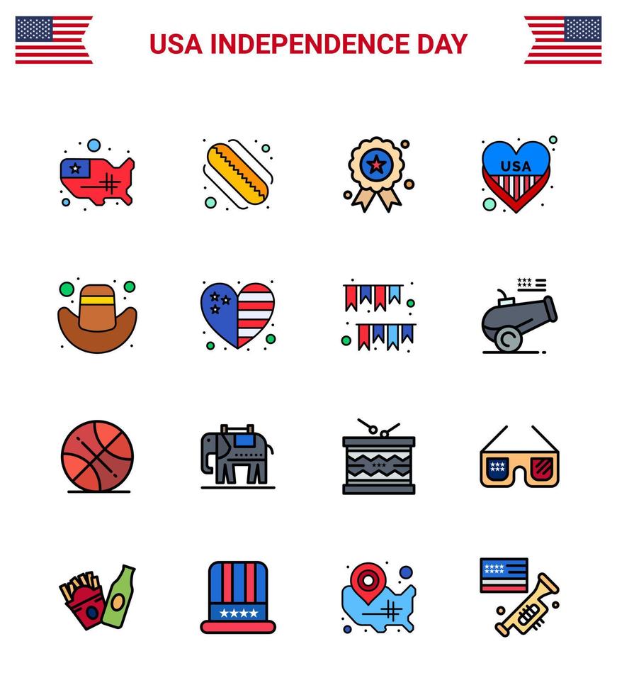 feliz día de la independencia 4 de julio conjunto de 16 líneas planas llenas pictografía americana de sombrero independencia americana corazón de estados unidos elementos de diseño vectorial editables del día de estados unidos vector