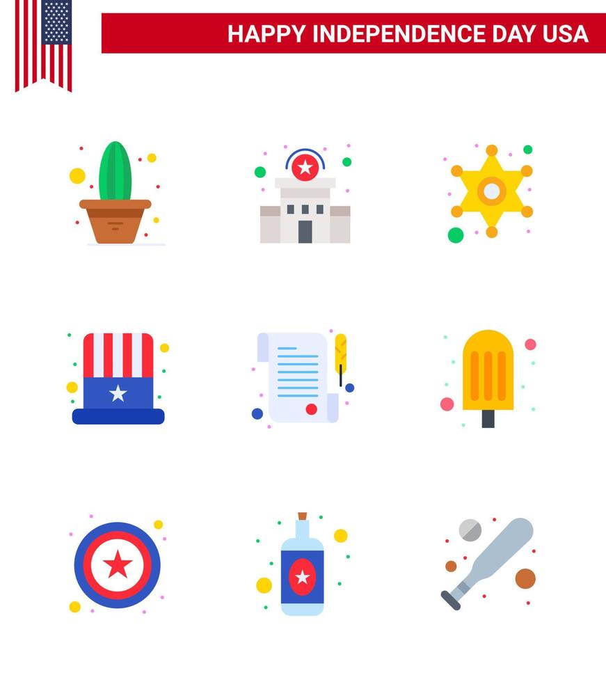 Happy Independence Day Pack of 9 Flats Signs and Symbols for receipt usa men hat american Editable USA Day Vector Design Elements