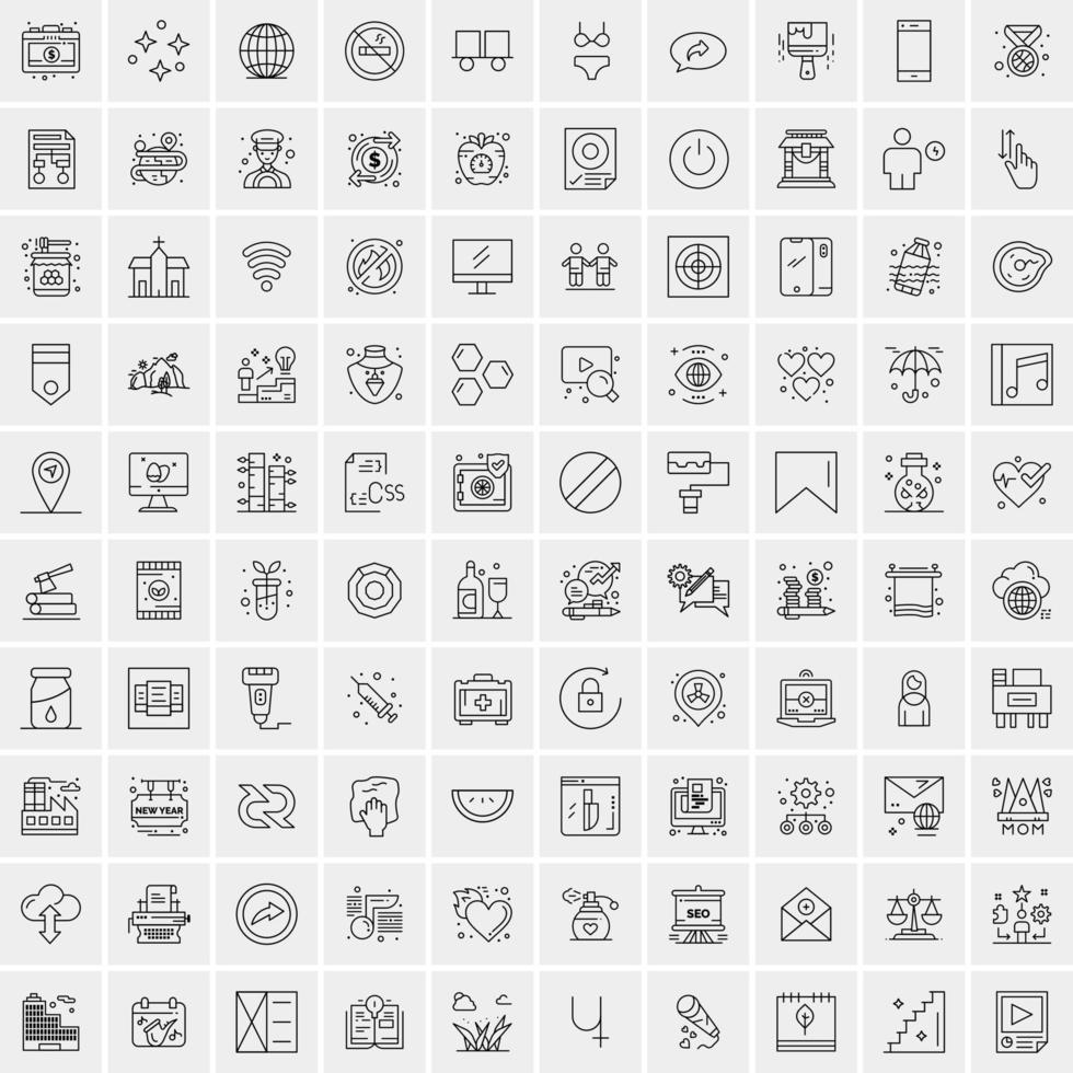 100 Universal Black Line Icons on White Background vector