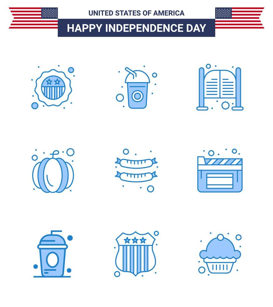 Set of 9 Modern Blues pack on USA Independence Day frankfurter usa festival bar pumpkin entrance Editable USA Day Vector Design Elements