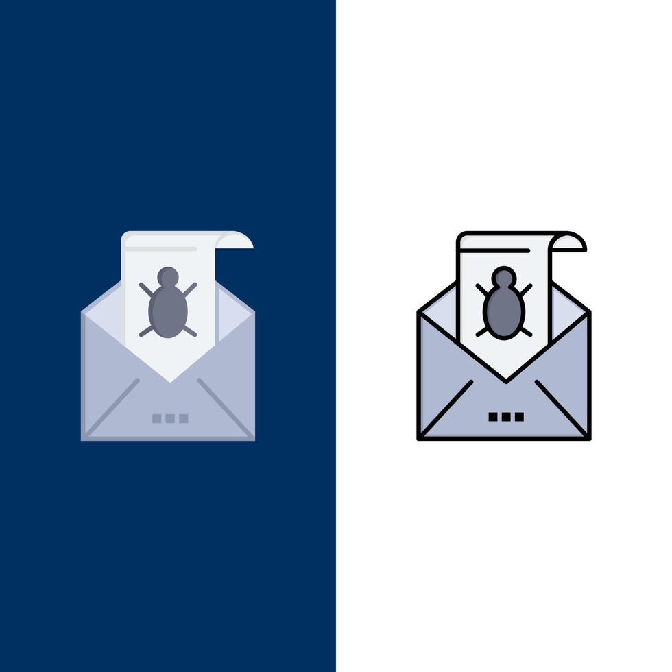 Bug Emails Email Malware Spam Threat Virus  Icons Flat and Line Filled Icon Set Vector Blue Background