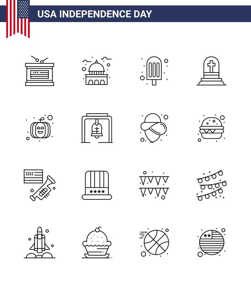 USA Happy Independence DayPictogram Set of 16 Simple Lines of pumpkin rip white gravestone death Editable USA Day Vector Design Elements