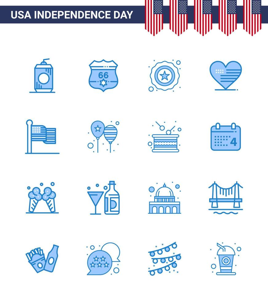 paquete de iconos de vector de stock de día americano 16 signos y símbolos de línea para acción de gracias bandera de policía americana amor elementos de diseño de vector de día de estados unidos editables