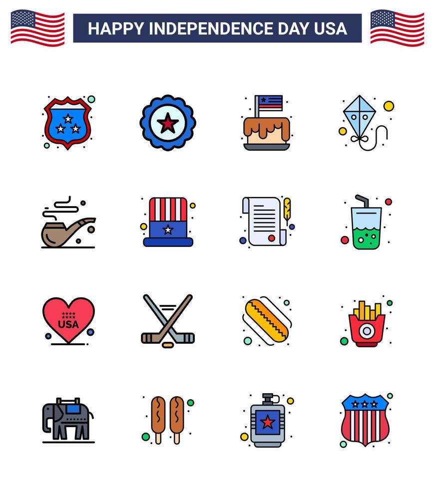 4th July USA Happy Independence Day Icon Symbols Group of 16 Modern Flat Filled Lines of smoke flying festival summer usa Editable USA Day Vector Design Elements