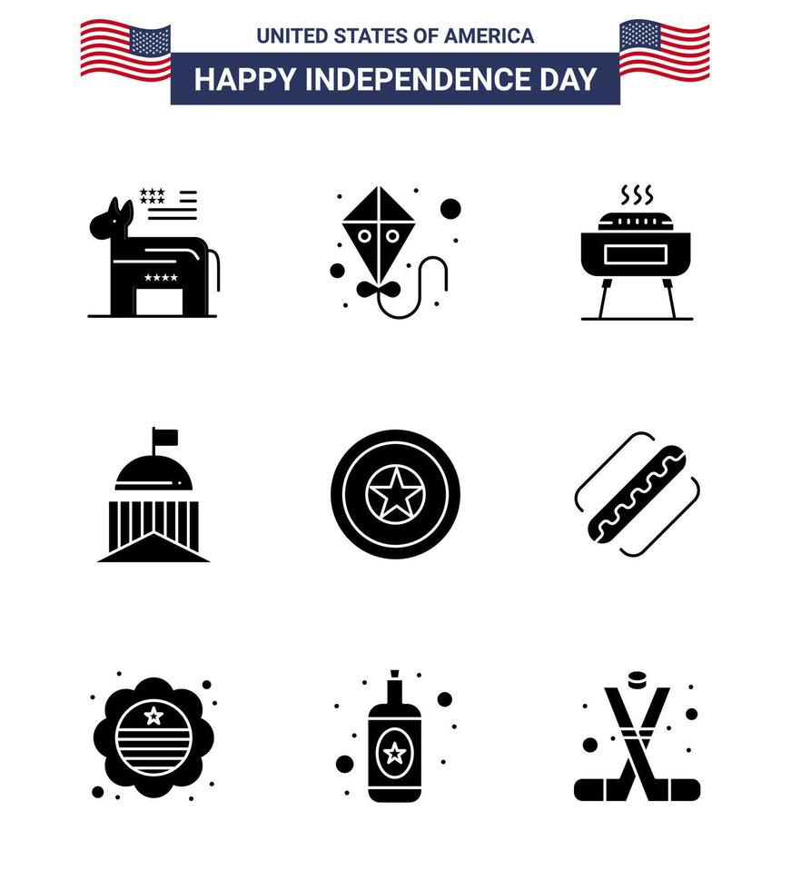 Happy Independence Day 4th July Set of 9 Solid Glyphs American Pictograph of independece irish celebration ireland flag Editable USA Day Vector Design Elements