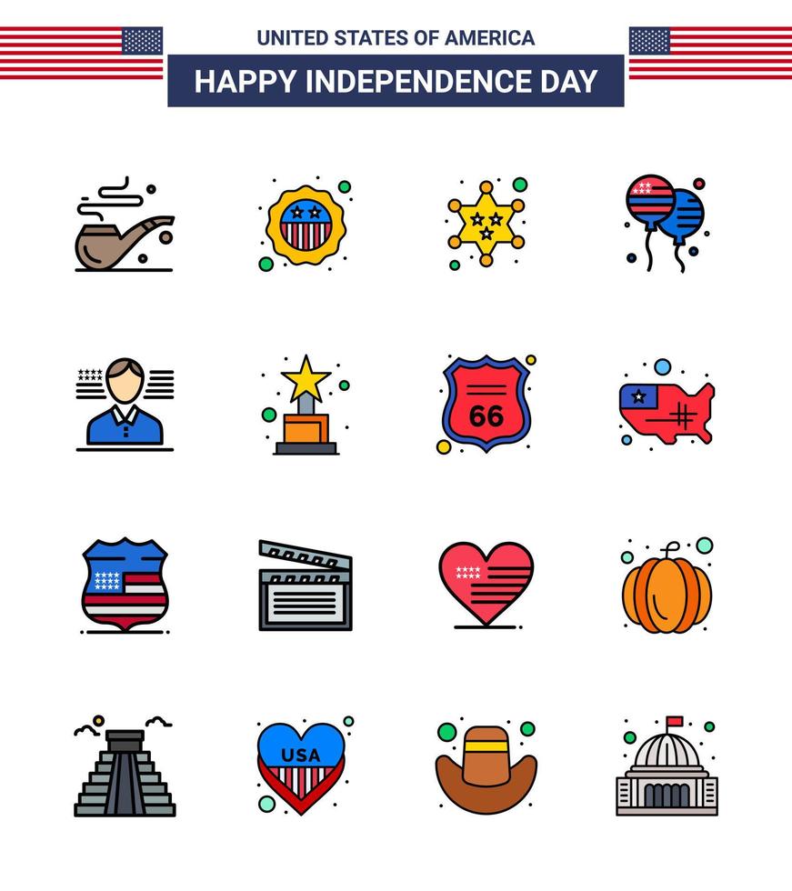 16 estados unidos línea plana llena signos celebración del día de la independencia símbolos del hombre de la bandera militar americano bloons elementos de diseño vectorial del día de estados unidos editables vector