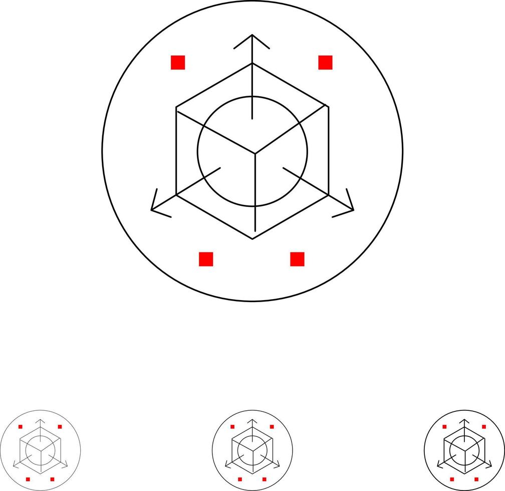 diseño de modificación de escala conjunto de iconos de línea negra en negrita y delgada 3d vector