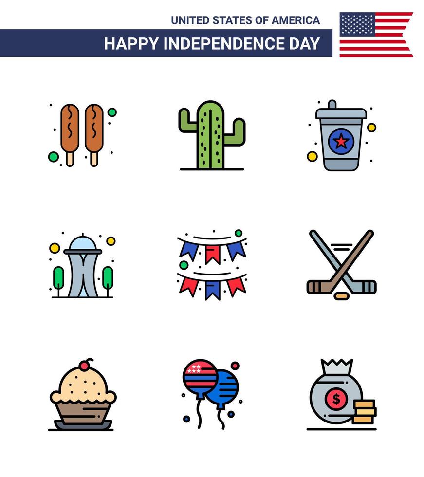 conjunto de 9 líneas planas vectoriales llenas el 4 de julio, día de la independencia de estados unidos, como empavesados de fiesta, bebida, aguja americana, elementos de diseño vectorial editables del día de estados unidos vector