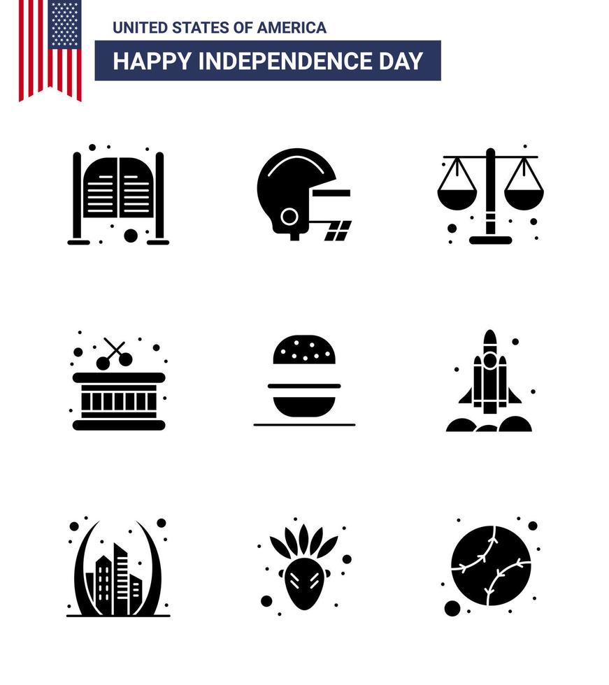 9 Solid Glyph Signs for USA Independence Day american burger court sticks drum Editable USA Day Vector Design Elements