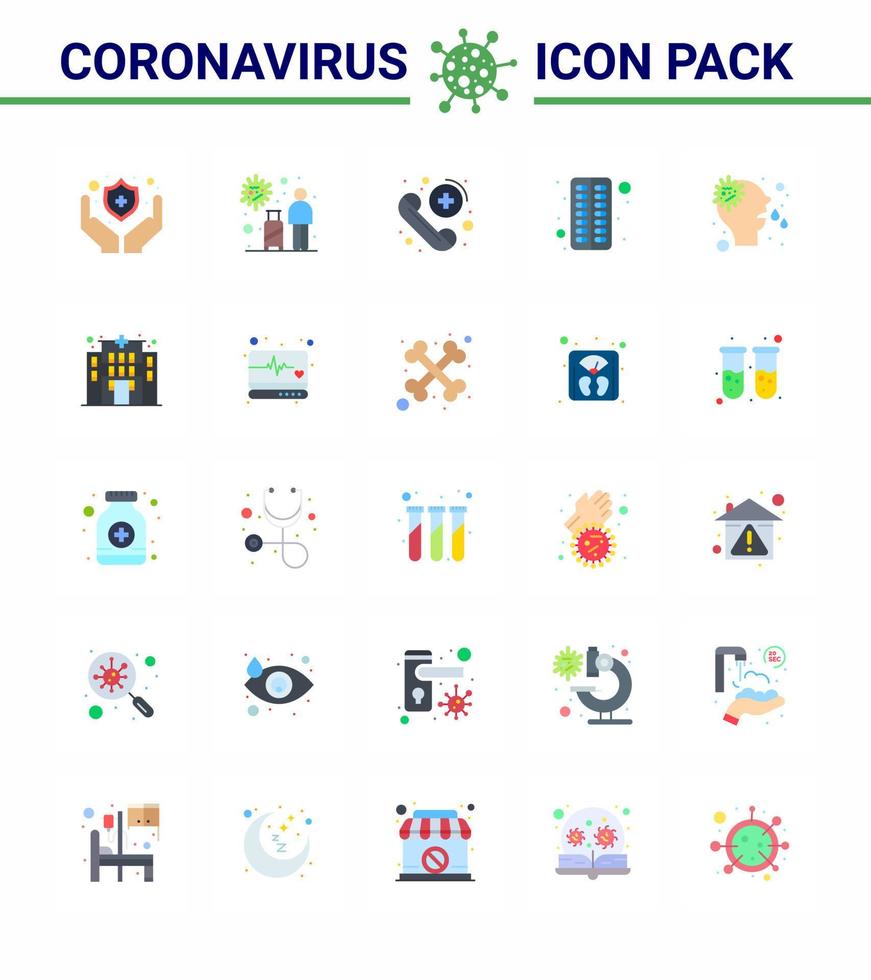 Coronavirus Prevention Set Icons 25 Flat Color icon such as nose pill call medical antivirus viral coronavirus 2019nov disease Vector Design Elements