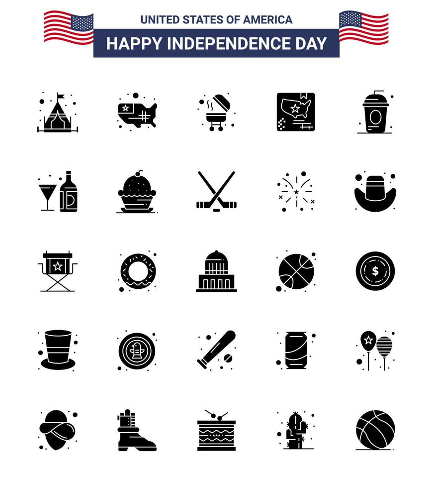 25 USA Solid Glyph Pack of Independence Day Signs and Symbols of holiday cole bbq cake map Editable USA Day Vector Design Elements