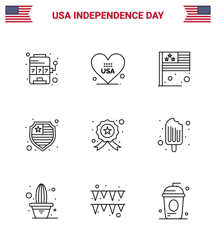 Set of 9 Modern Lines pack on USA Independence Day star badge day shield american Editable USA Day Vector Design Elements