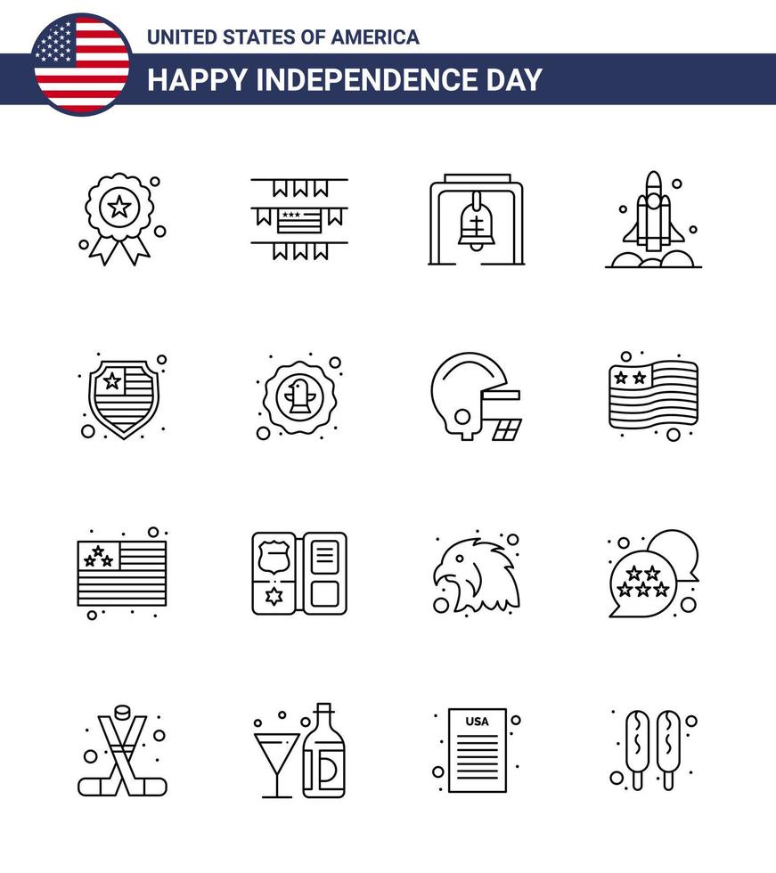 4th July USA Happy Independence Day Icon Symbols Group of 16 Modern Lines of protection usa bell transport rocket Editable USA Day Vector Design Elements