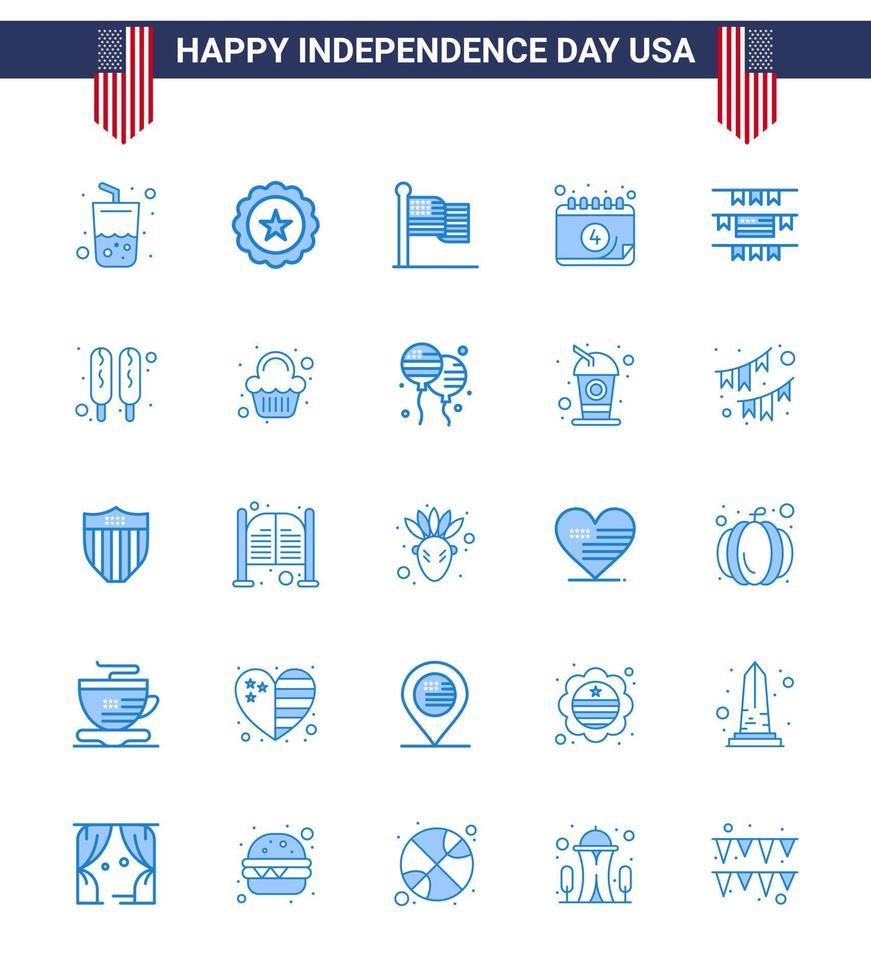 feliz paquete del día de la independencia de 25 signos y símbolos de blues para el día de la decoración de la fiesta fecha americana elementos de diseño vectorial editables del día de los ee.uu. vector