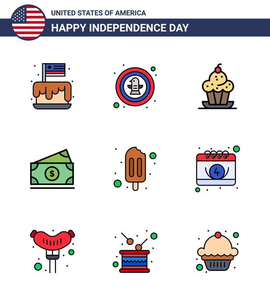 feliz día de la independencia 4 de julio conjunto de 9 líneas planas llenas pictografía americana de águila dólar estadounidense muffin de acción de gracias elementos de diseño vectorial editables del día de EE. UU. vector