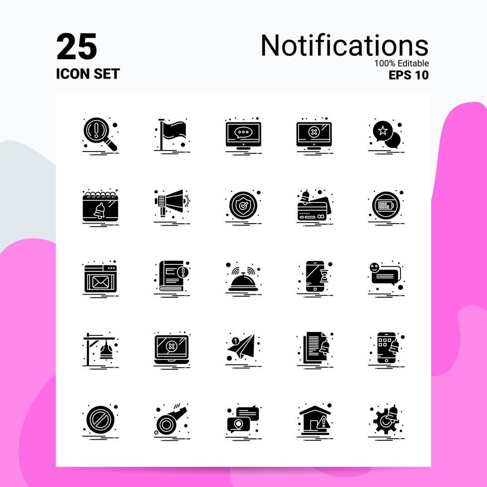 25 Notifications Icon Set 100 Editable EPS 10 Files Business Logo Concept Ideas Solid Glyph icon design vector