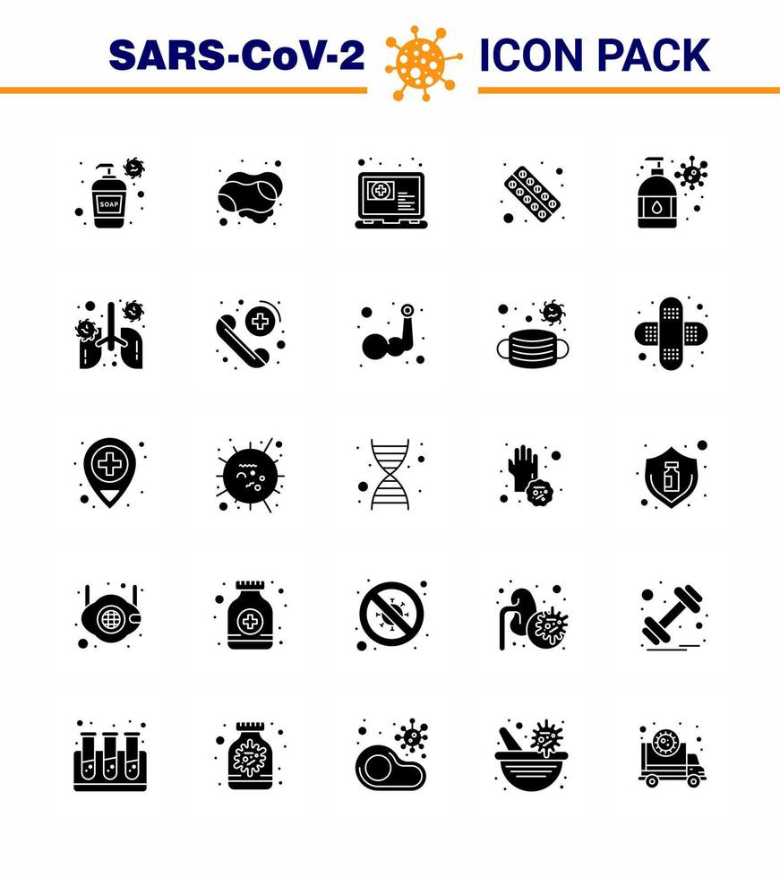 25 Solid Glyph Coronavirus Covid19 Icon pack such as tablet health medical form drugs viral coronavirus 2019nov disease Vector Design Elements