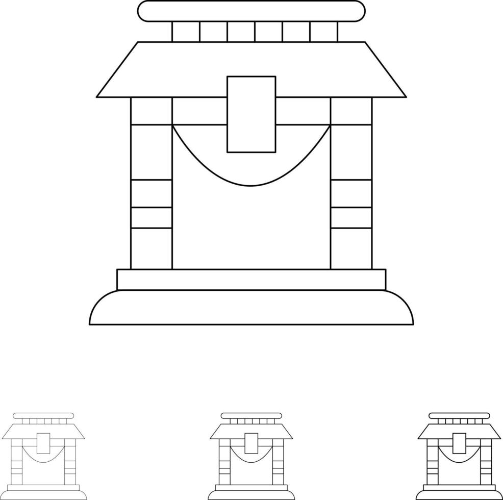 puerta puente china chino negrita y delgada línea negra conjunto de iconos vector