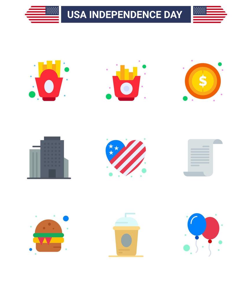 Big Pack of 9 USA Happy Independence Day USA Vector Flats and Editable Symbols of heart american usa american building Editable USA Day Vector Design Elements