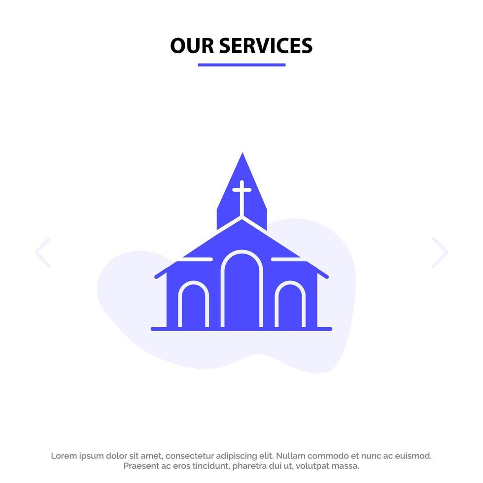 nuestros servicios edificio iglesia de navidad primavera icono de glifo sólido plantilla de tarjeta web vector