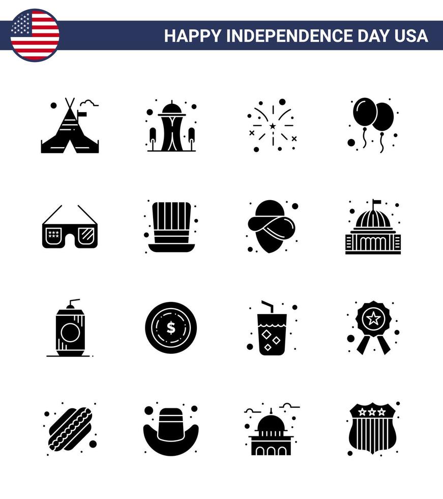 Big Pack of 16 USA Happy Independence Day USA Vector Solid Glyphs and Editable Symbols of glasses party firework day balloons Editable USA Day Vector Design Elements