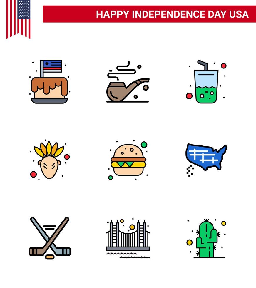 conjunto de 9 iconos del día de estados unidos símbolos americanos signos del día de la independencia para comida hamburguesa vidrio acción de gracias elementos de diseño de vector de día de estados unidos editables estadounidenses