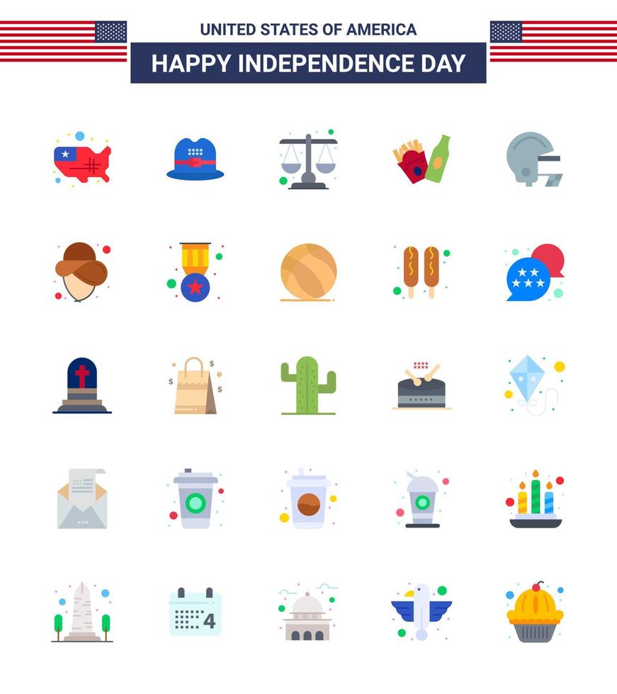 4 de julio estados unidos feliz día de la independencia icono símbolos grupo de 25 pisos modernos de estados unidos fútbol justicia american frise elementos de diseño vectorial del día de estados unidos editables vector