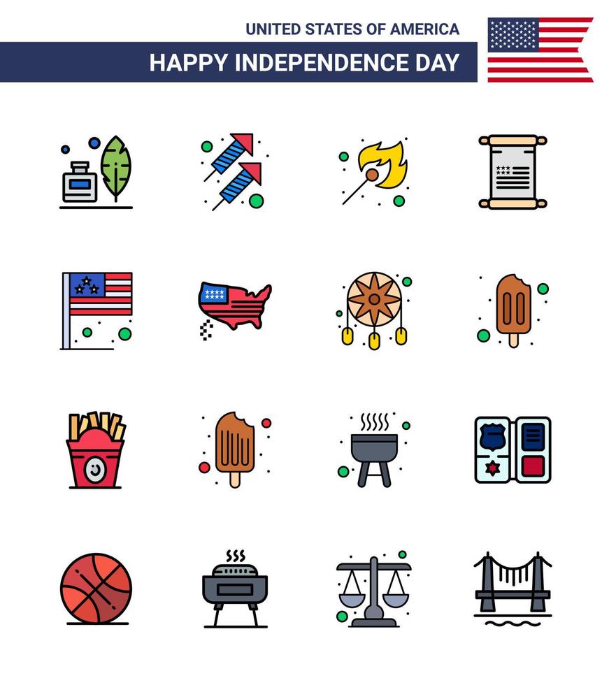 Modern Set of 16 Flat Filled Lines and symbols on USA Independence Day such as country usa camping american scroll Editable USA Day Vector Design Elements