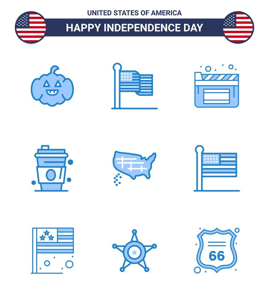 feliz día de la independencia 9 paquete de iconos de blues para web e imprimir estados de estados unidos películas mapa jugo editable día de estados unidos elementos de diseño vectorial vector