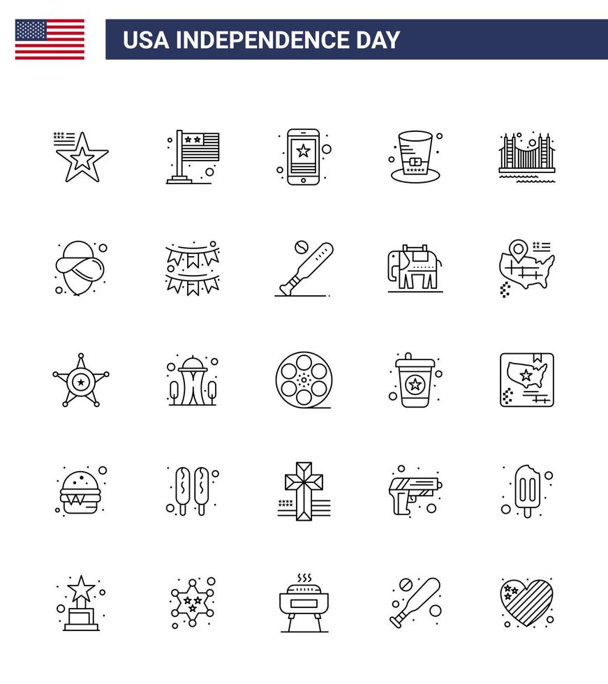 Happy Independence Day 4th July Set of 25 Lines American Pictograph of bridge presidents cell hat phone Editable USA Day Vector Design Elements