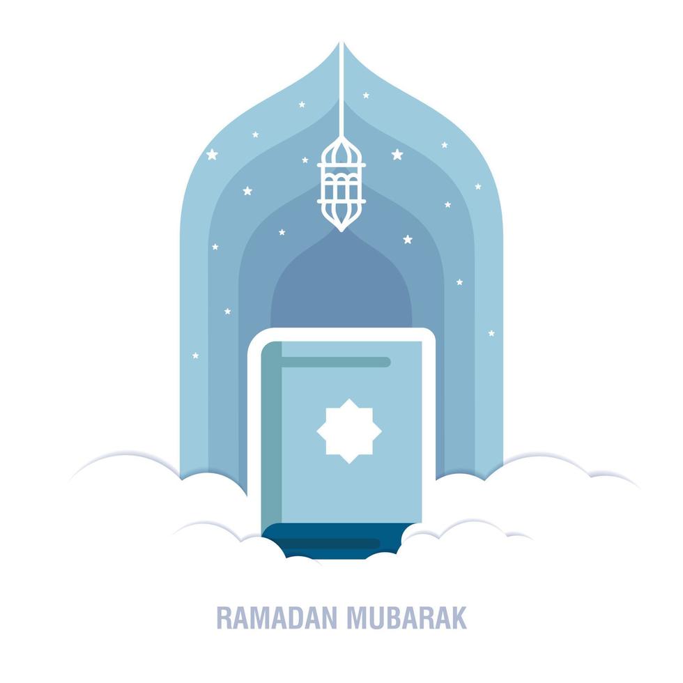 Ramadan Kareem islamic design crescent moon and mosque dome silhouette with arabic pattern and calligraphy vector