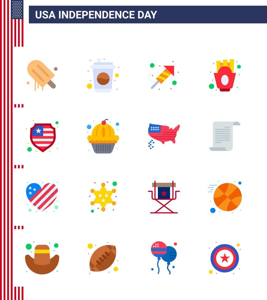 Editable Vector Line Pack of USA Day 16 Simple Flats of protection food fire work fries chips Editable USA Day Vector Design Elements