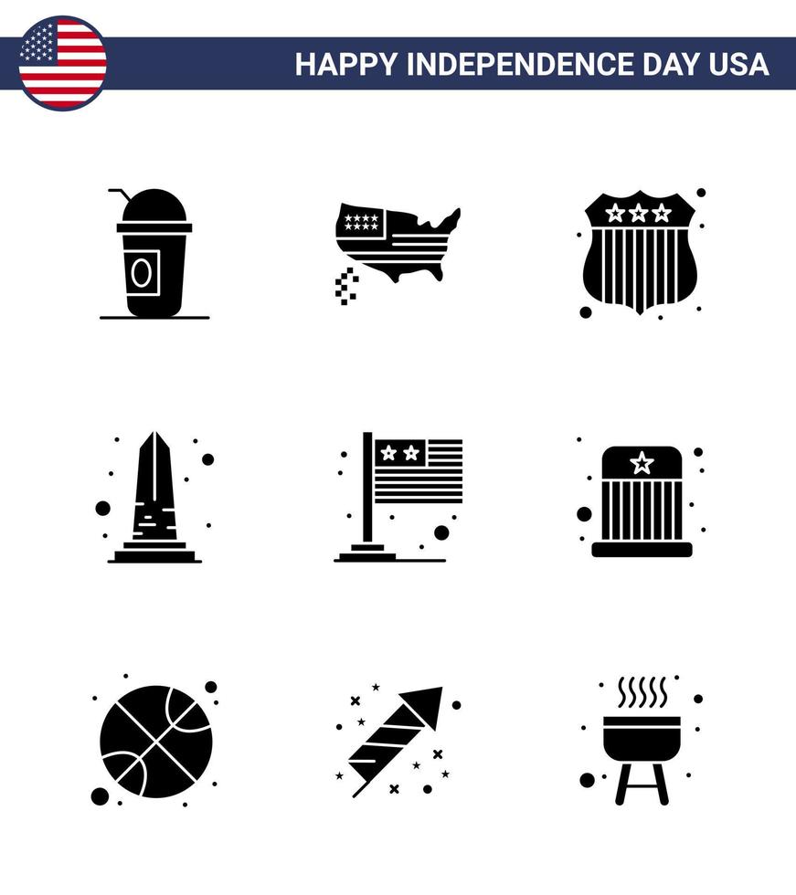 Set of 9 Modern Solid Glyphs pack on USA Independence Day flag washington badge usa monument Editable USA Day Vector Design Elements