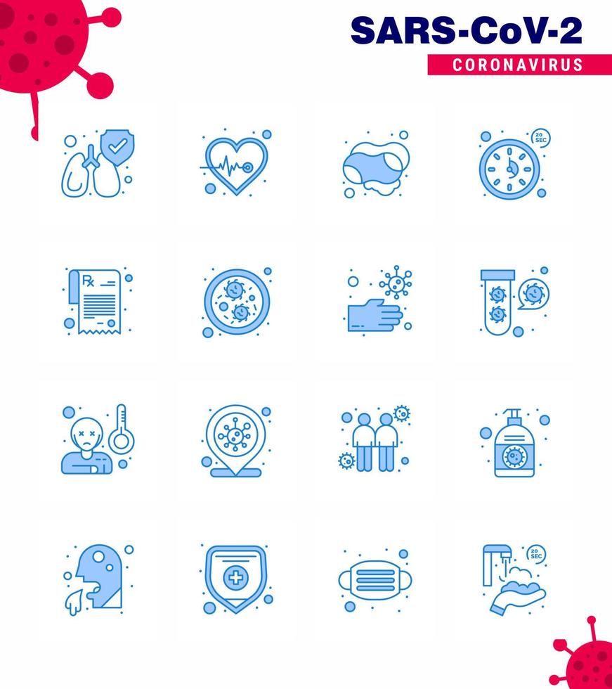 Covid19 Protection CoronaVirus Pendamic 16 Blue icon set such as rx pharmacy hand timer seconds viral coronavirus 2019nov disease Vector Design Elements