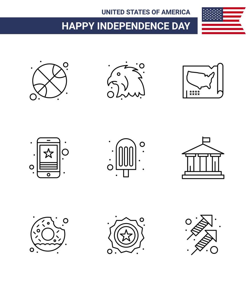 usa feliz día de la independencia pictograma conjunto de 9 líneas simples de alimentos teléfono estados móvil estrella editable usa día elementos de diseño vectorial vector