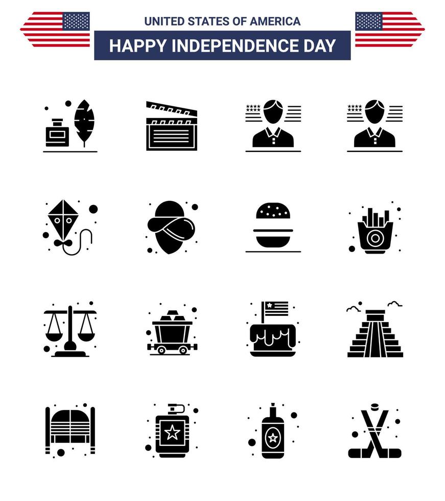 conjunto moderno de 16 glifos y símbolos sólidos en el día de la independencia de estados unidos, como hamburguesa vaquero hombre estados unidos verano editable elementos de diseño vectorial del día de estados unidos vector