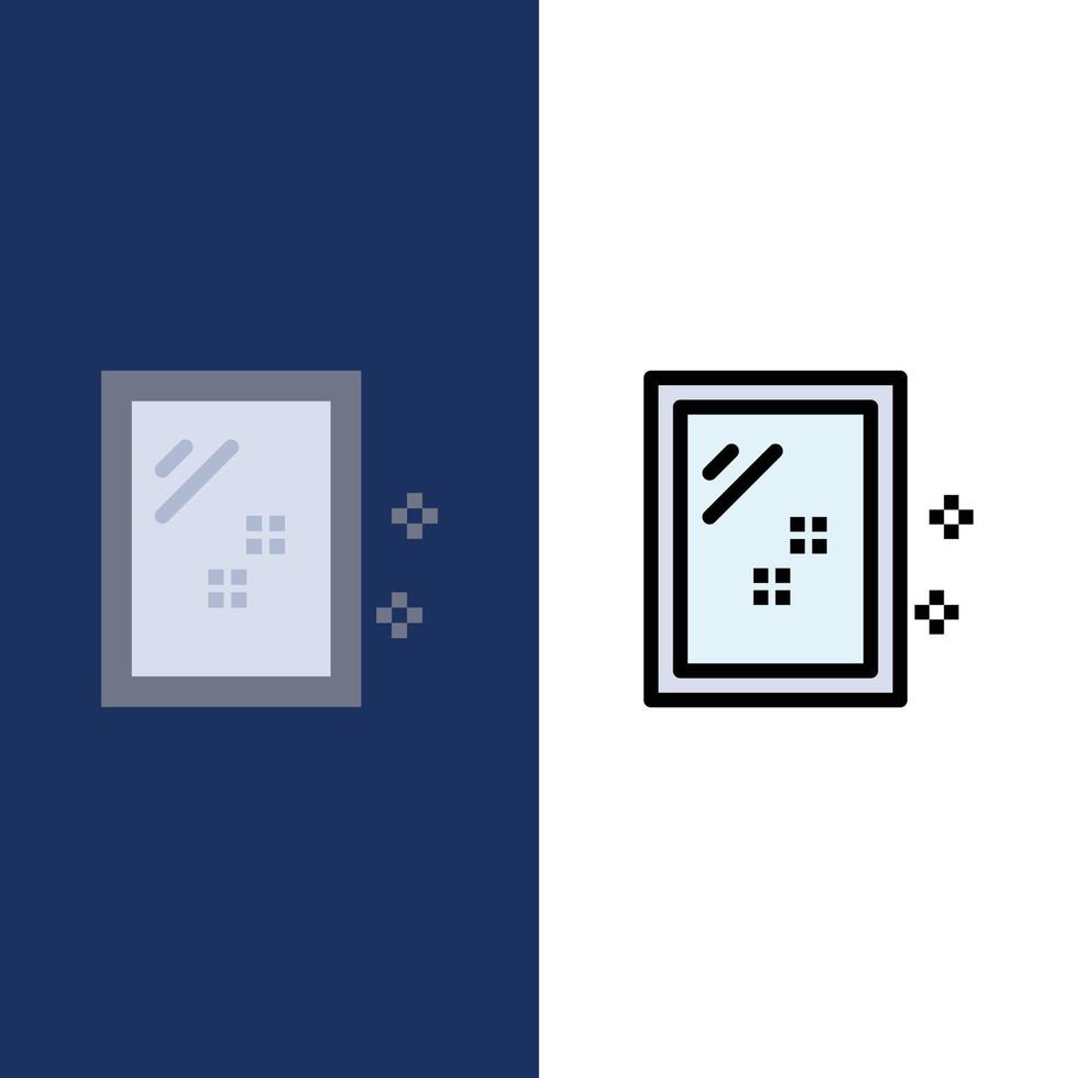 iconos de lavado de limpieza de espejo de puerta plano y conjunto de iconos llenos de línea vector fondo azul