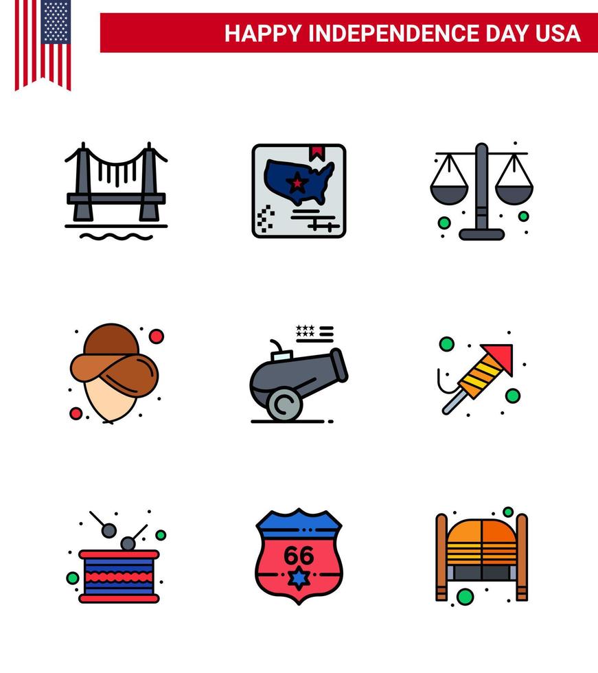 Set of 9 Vector Flat Filled Lines on 4th July USA Independence Day such as howitzer big gun court hat usa Editable USA Day Vector Design Elements