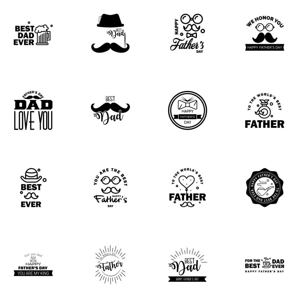 Happy Fathers Day 16 Black Vector Element Set Ribbons and Labels Editable Vector Design Elements