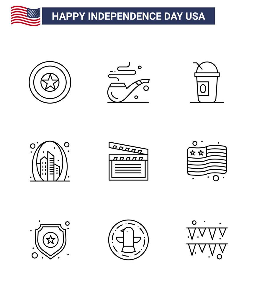 Happy Independence Day Pack of 9 Lines Signs and Symbols for movis usa american landmark building Editable USA Day Vector Design Elements