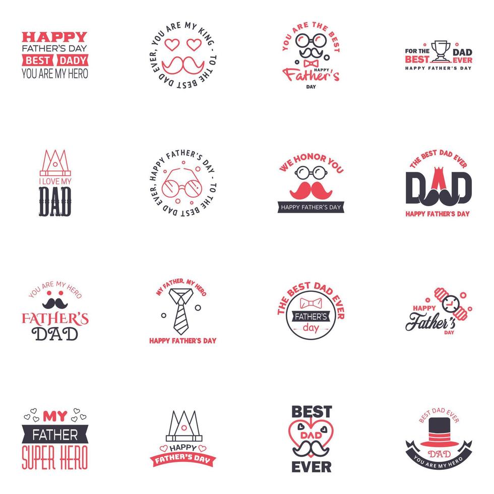 Happy Fathers day greeting hand lettering badges 16 Black and Pink Typo isolated on white Typography design template for poster banner gift card t shirt print label sticker Retro vintage style vector