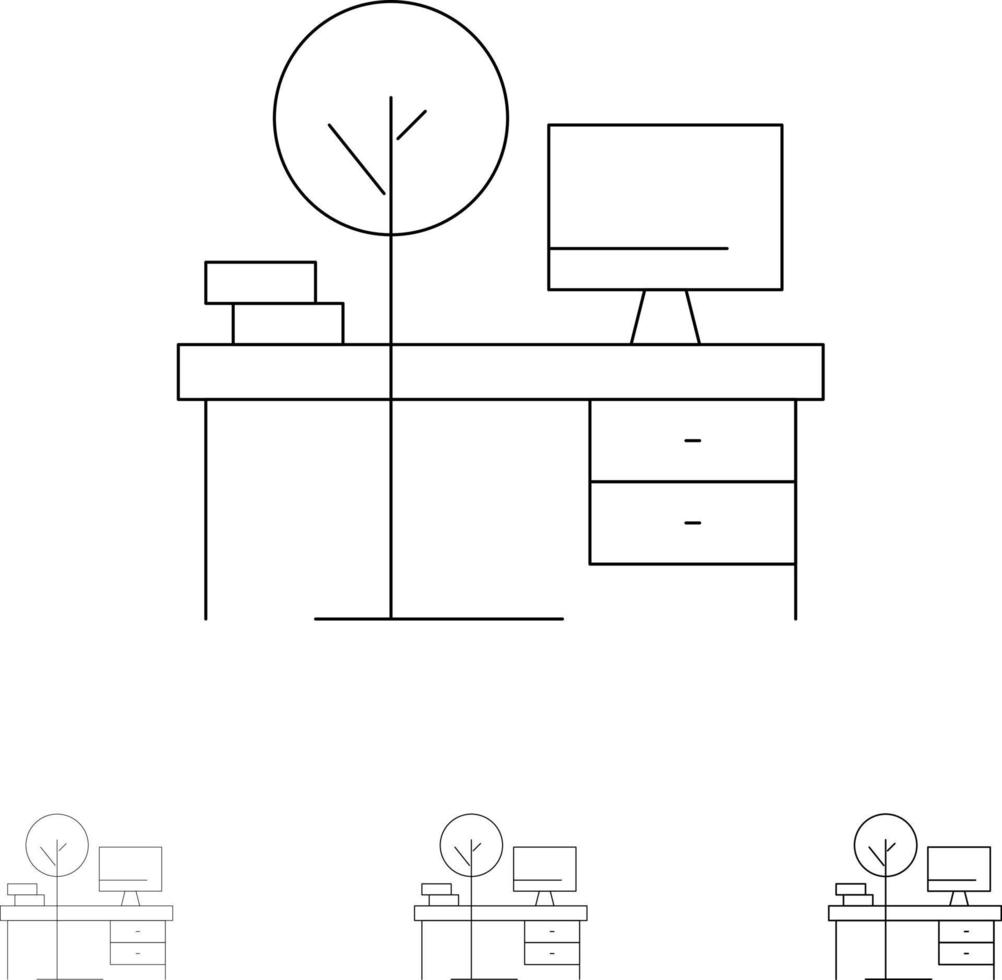 comodidad escritorio oficina lugar mesa audaz y delgada línea negra conjunto de iconos vector