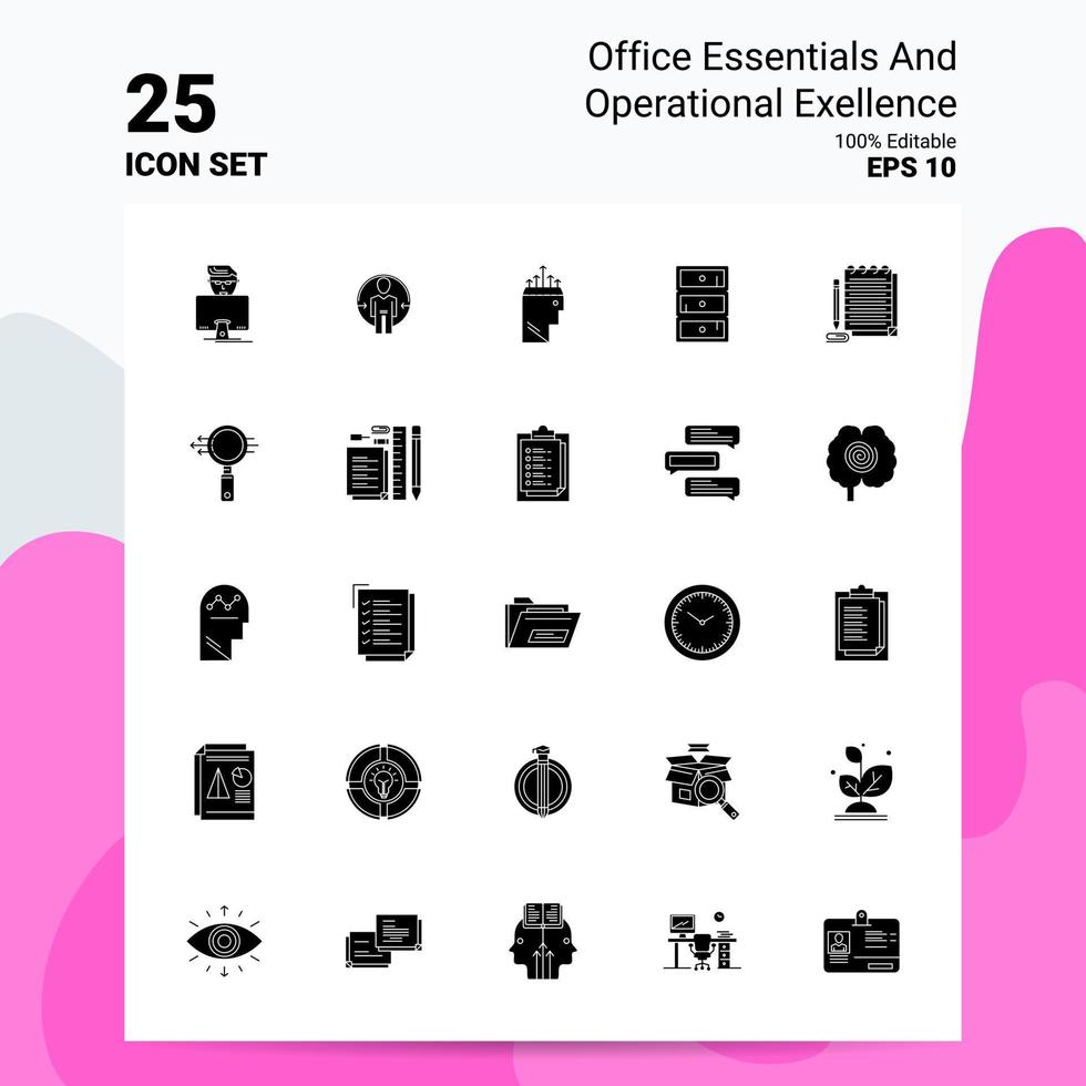 25 elementos esenciales de oficina y conjunto de iconos de excelencia operativa 100 archivos editables eps 10 ideas de concepto de logotipo de empresa diseño de icono de glifo sólido vector